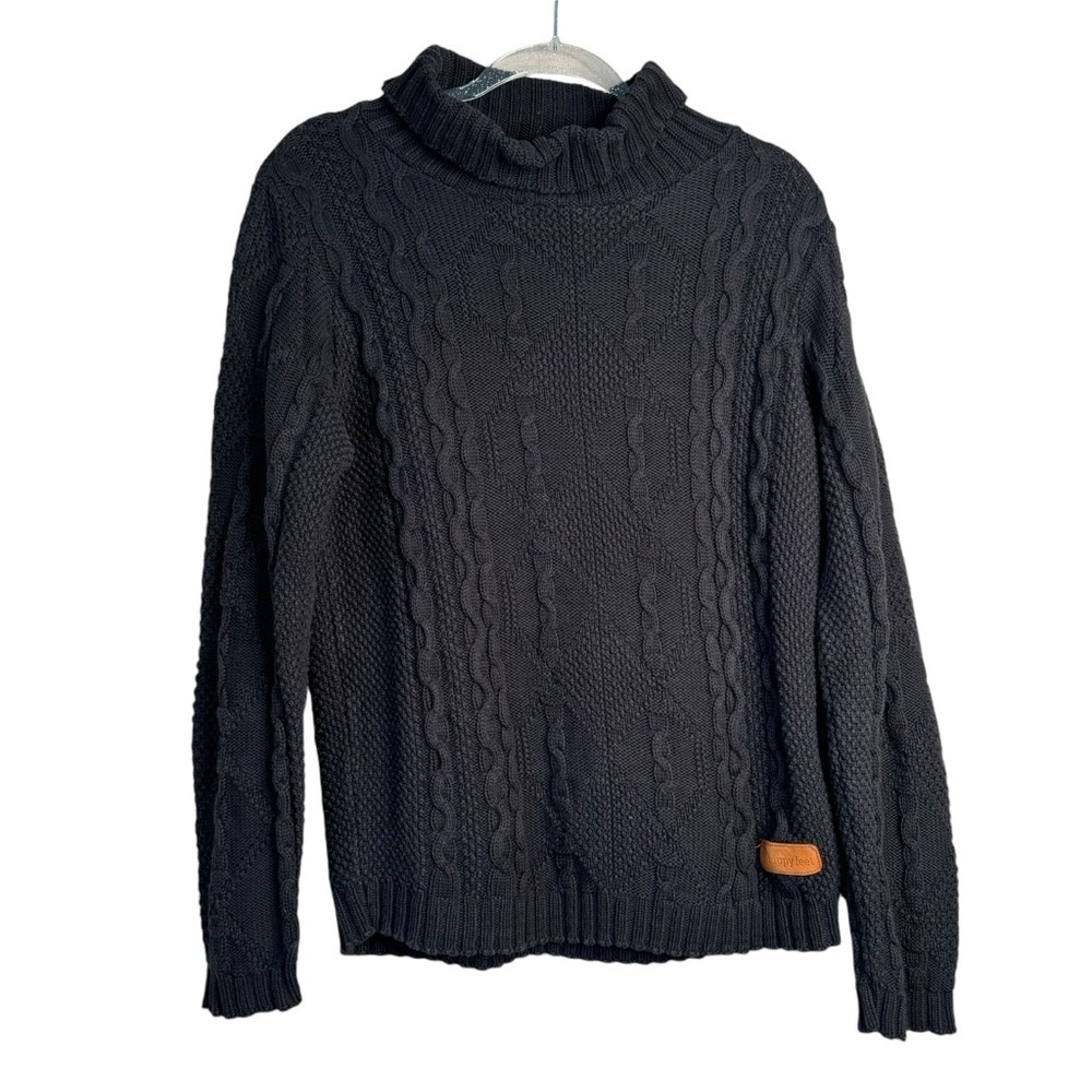 Hippy Feet Black Cable Knit Turtleneck Pullover Sweater M 100% Natural Cotton